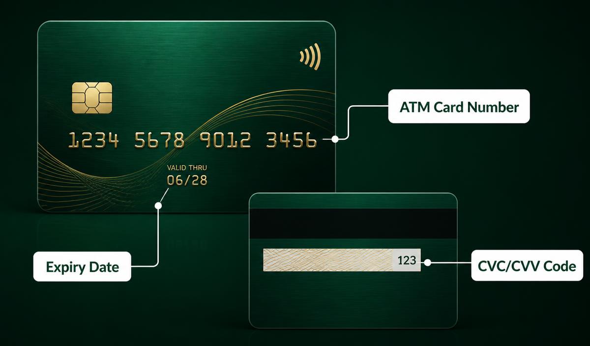ATM card diagram showing card number, expiry date and CVC/CVV code locations